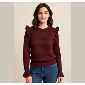 cynthia Rowley Extrafine Merino Wool sweater w ruffles purple Sz S.